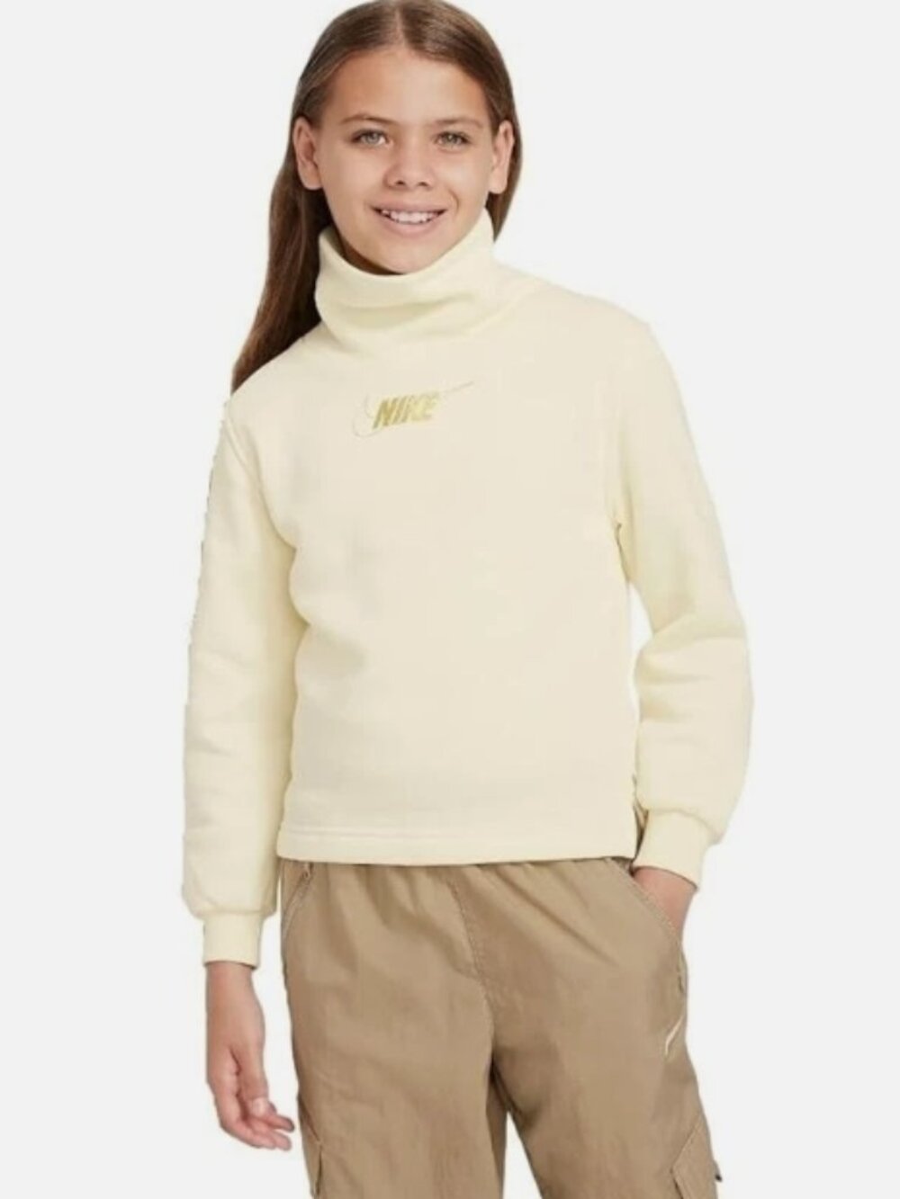 Nike Club Fleece Big Kids' Girls Funnel Neck Hoodie (Coconut Milk/Gold)